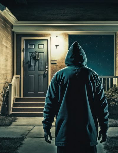 A burglar at night trying to break into a suburban home. House r